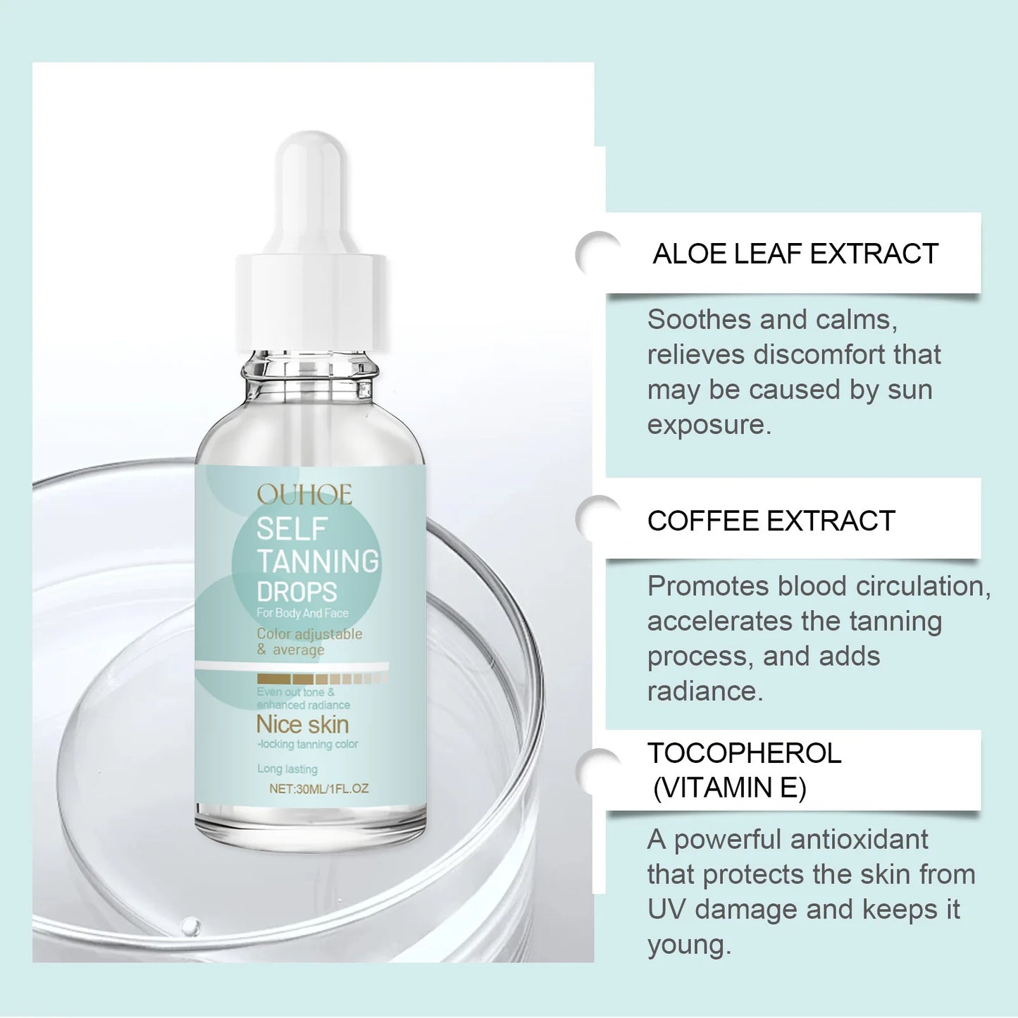 Self Tanning Drops Bronzing Fake Tan Serum Indoor Sunbeds Dark Tanning Accelerator Sunburn Skin Repair Sunless Tanner Drops 30Ml