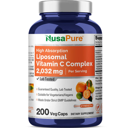 NusaPure Liposomal Vitamin C 2032mg - 200 Veggie Vegan Capsules, BioPerine - High Absorption Ascorbic Acid