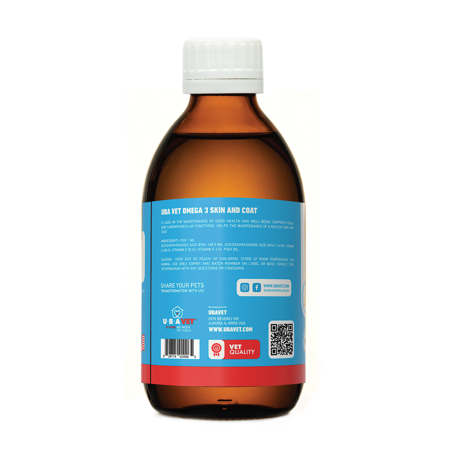 UBAVET Omega-3 Skin & Coat Health and Wellbeing Liquid for Dogs & Cats – 8 fl oz / 237 ml